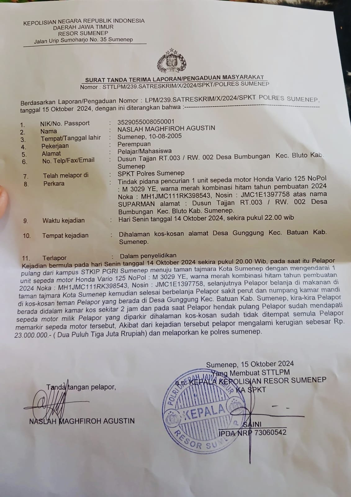 Berkunjung Ke Kos Teman, Nasib Pilu Seorang Mahasiswi STKIP PGRI Kehilangan Motor 1 WhatsApp Image 2024 10 15 at 20.50.05 1 1