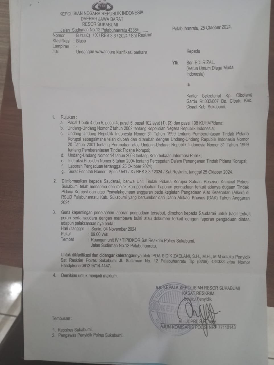 Ketua DPC Diaga Muda Indonesia Kab. Sukabumi Penuhi Panggilan Polisi Terkait Dugaan Korupsi Pengadaan Alkes RSUD Palabuhanratu 1 WhatsApp Image 2024 11 05 at 22.02.28